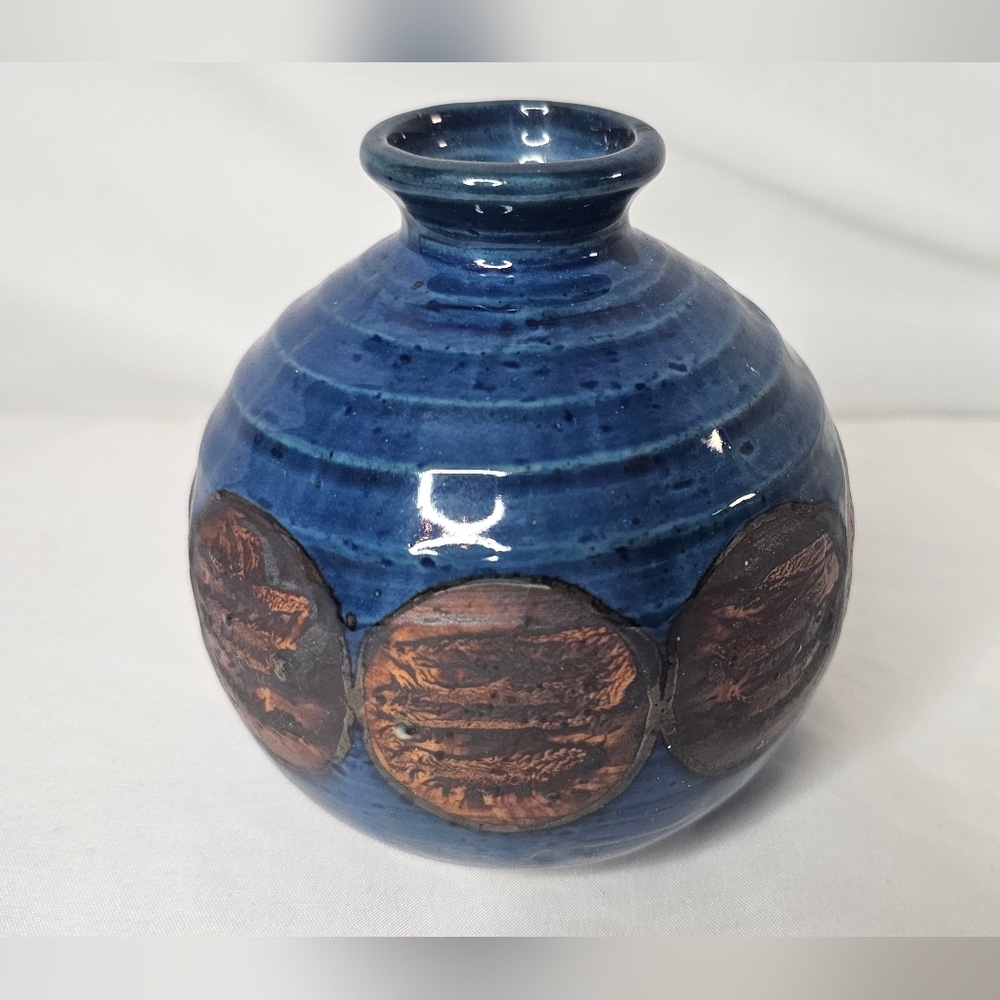 Otagiri OMC Japan Miniature Bud Vase Blue Brown Glazed Gold Sticker Vintage